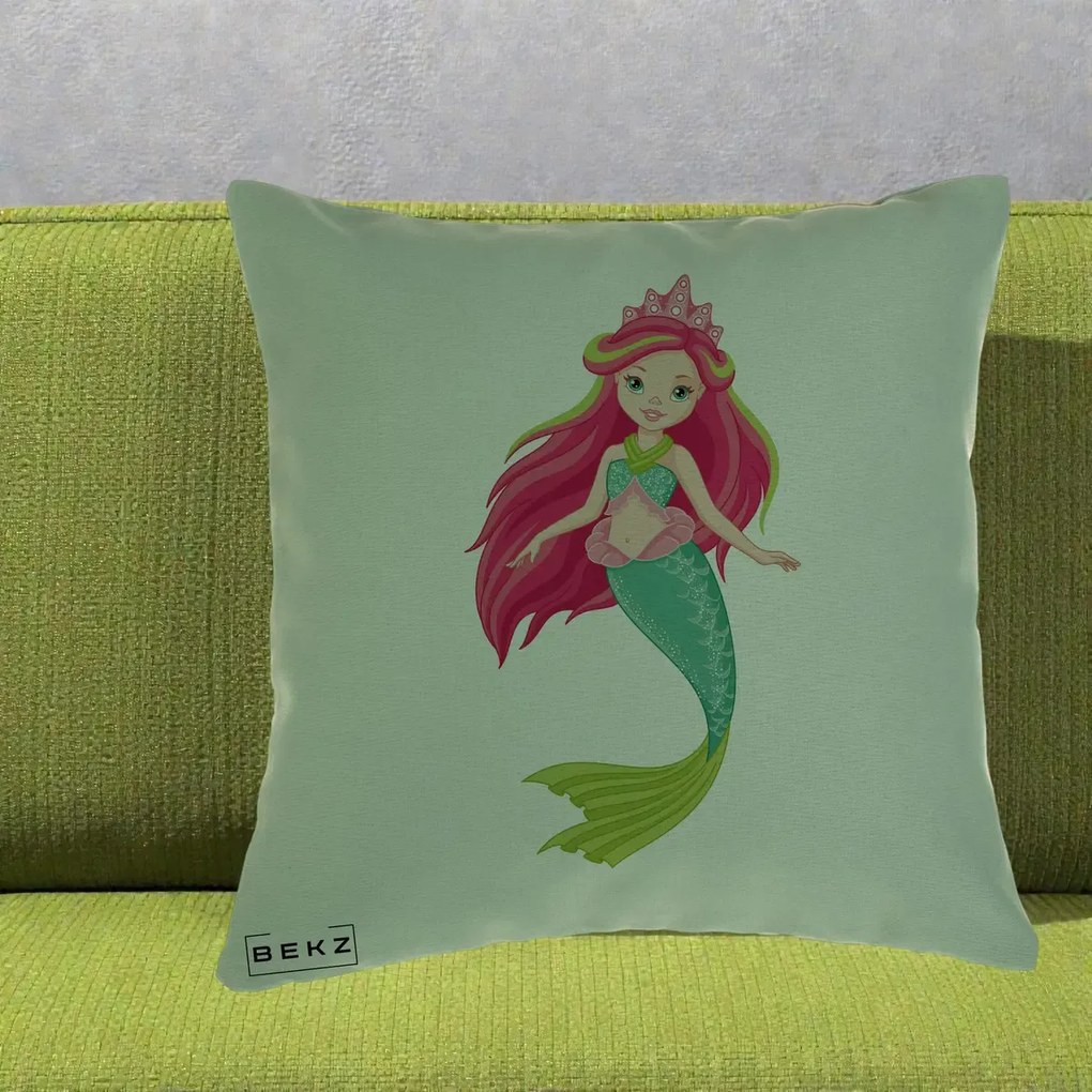Perna Decorativa Sirena Roz cu Coroana, 40x40 cm, Verde, Husa Detasabila, Perna Inclusa, BEKZ®