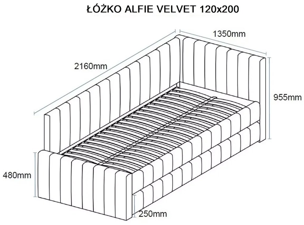 Pat tapițat ALFIE VELVET cu extensie 120x200 cm gri