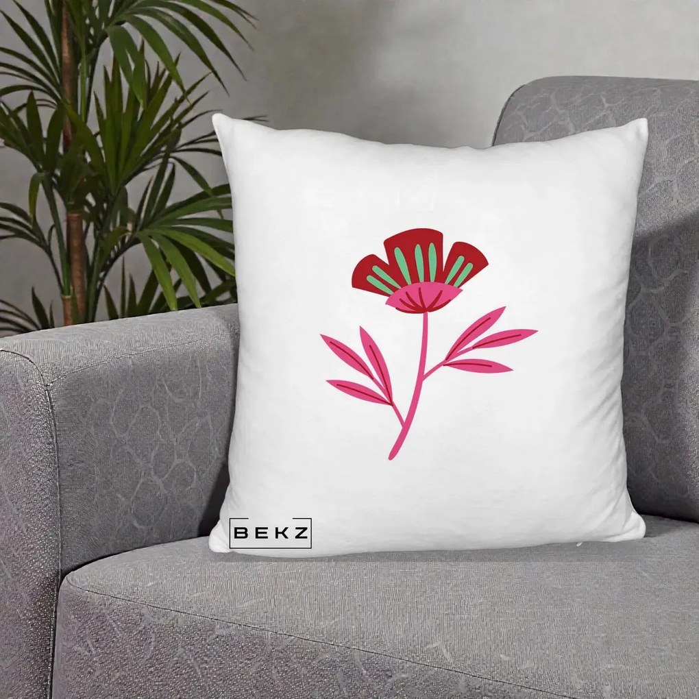 Perna Decorativa Floare Macul Roz-Rosu Grafic, 40x40 cm, Alb Pufos, Husa Detasabila, Perna Inclusa, BEKZ®