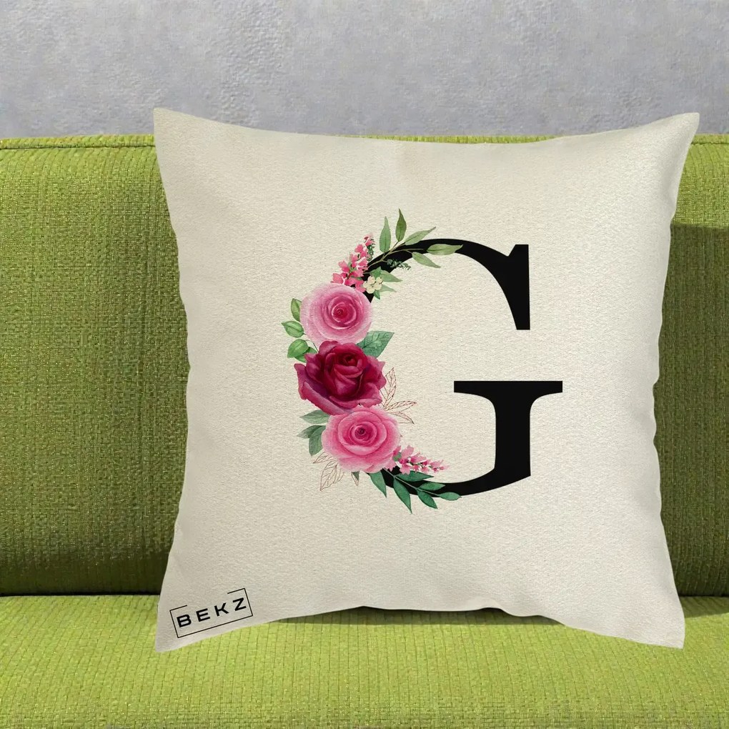 Cadou Personalizat - Perna Personalizata Monograma Florala Litera G, 40x40 cm, Ecru, Husa Detasabila, Perna Inclusa, BEKZ®