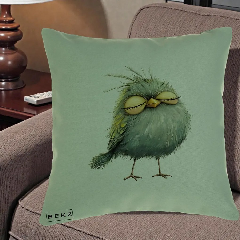 Perna Decorativa Pasare Teal Adormita cu Ochi Galbeni, 40x40 cm, Verde, Husa Detasabila, Perna Inclusa, BEKZ®