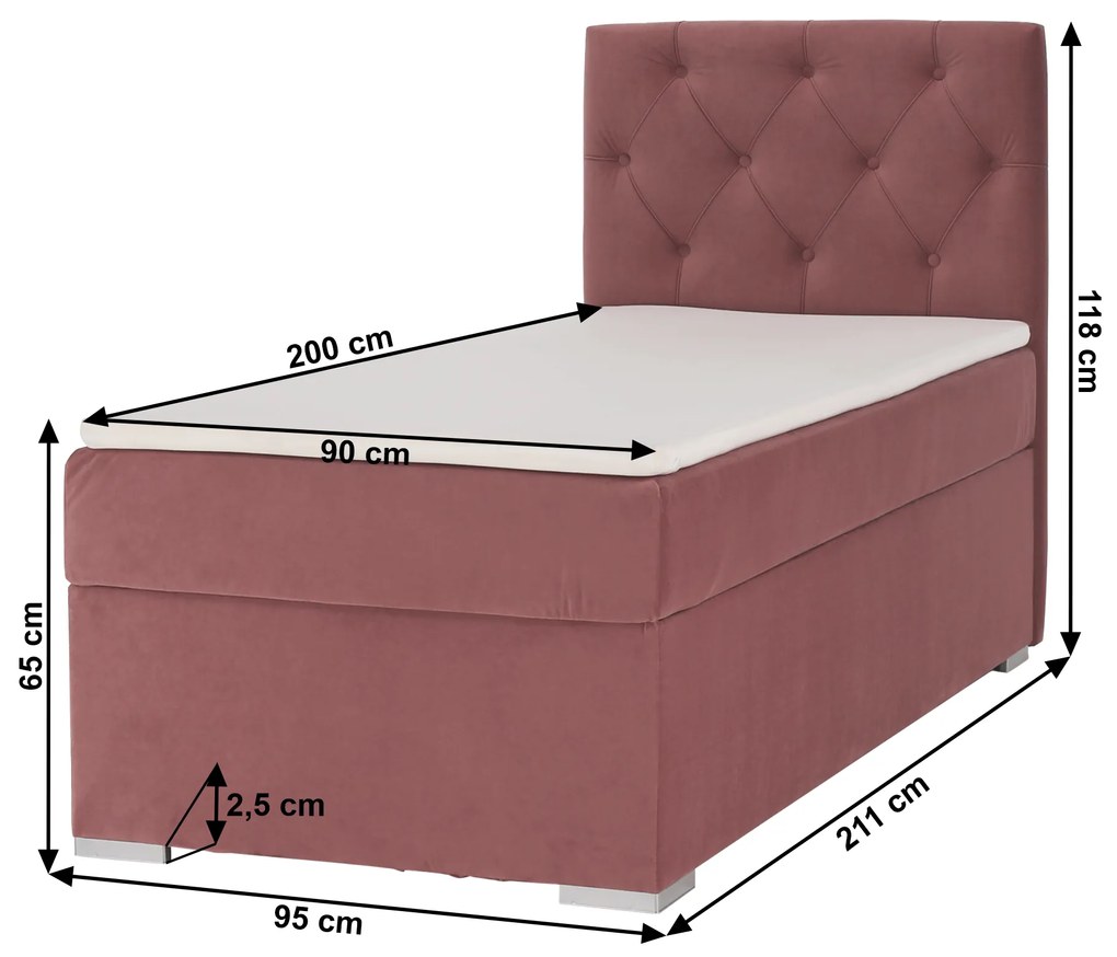 Pat boxspring, pat de o persoană, roz antic, 90x200, dreapta, ESHLY