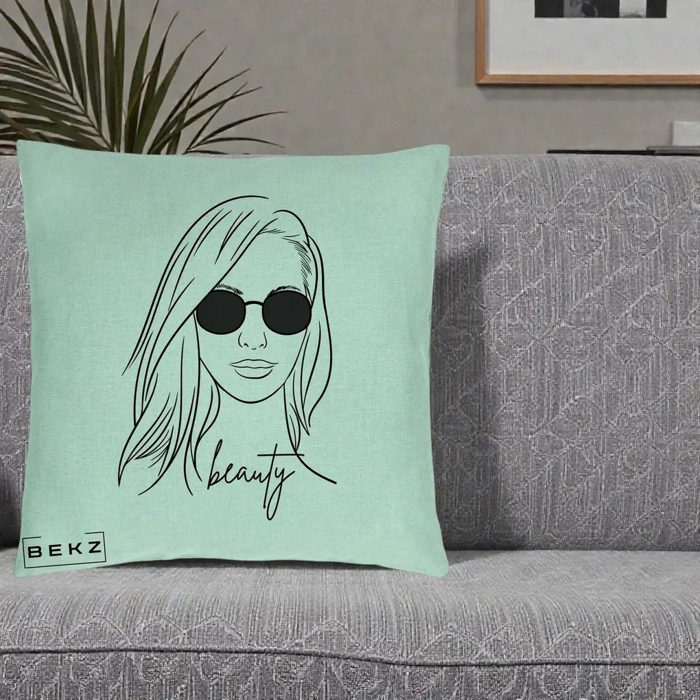 Perna Decorativa Beauty Girl Line Art, 40x40 cm, Verde Menta, Husa Detasabila, Perna Inclusa, BEKZ®