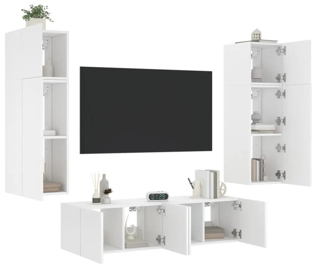Unitati de perete TV cu LED-uri, 6 piese, alb, lemn prelucrat