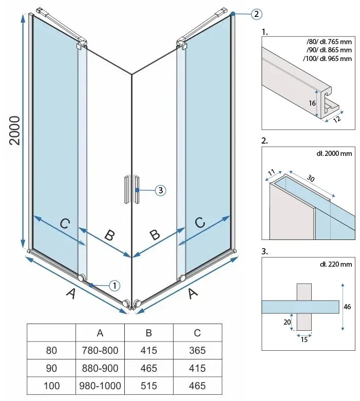 Cabina de dus patrata Rea Montana Double cu usi culisante 90x90 auriu periat