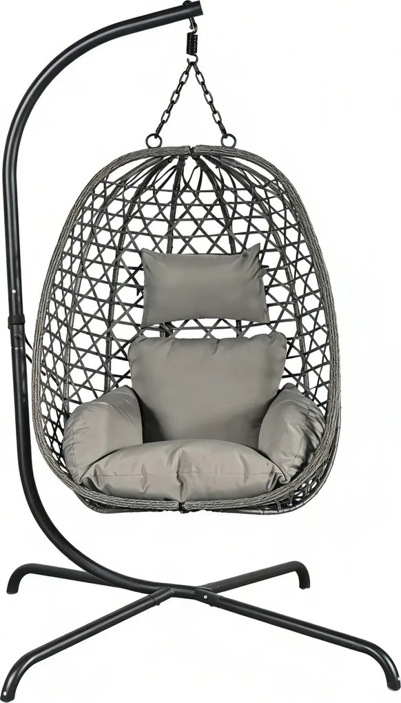 Fotoliu leagan suspendat, cu perne moi, cos pliabil, rezistente la UV, împletitură PE ratan, structură metalică, pentru interior și exterior, Gri