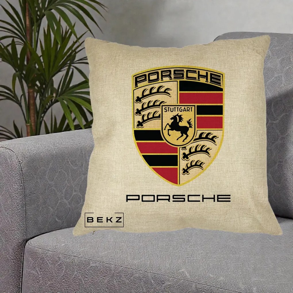 Perna Personalizata Porsche Stuttgart, 40x40 cm, Crem, Husa Detasabila, Perna Inclusa, BEKZ®