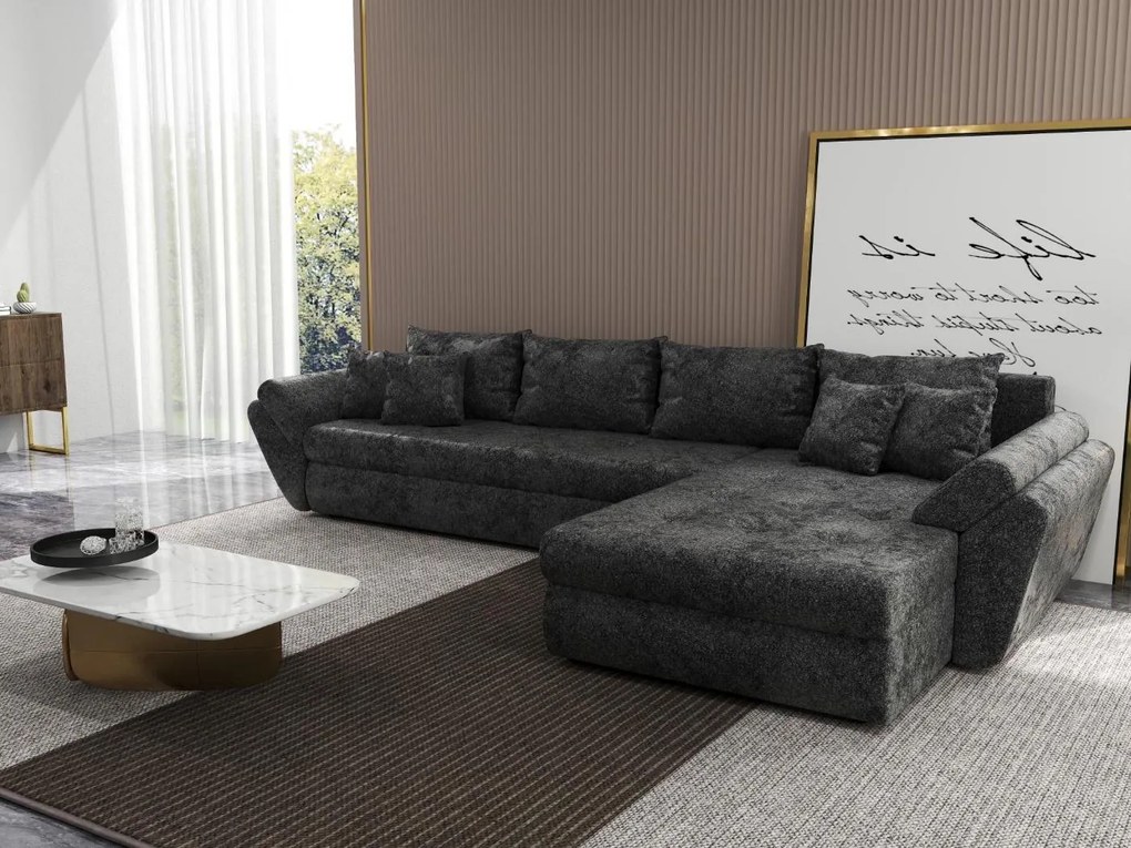 Colțar extensibil dumonde cu ladă de depozitare si sezut confortabil din spuma high-density, Loana XL Euphoria Negru II 335x185 cm