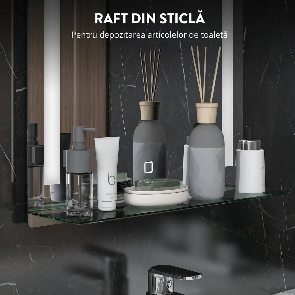 Kleankin Oglindă Baie cu Lumină LED Reglabilă pe 3 Culori și Raft din Sticlă, 50x12x70 cm, Argintiu | Aosom Romania