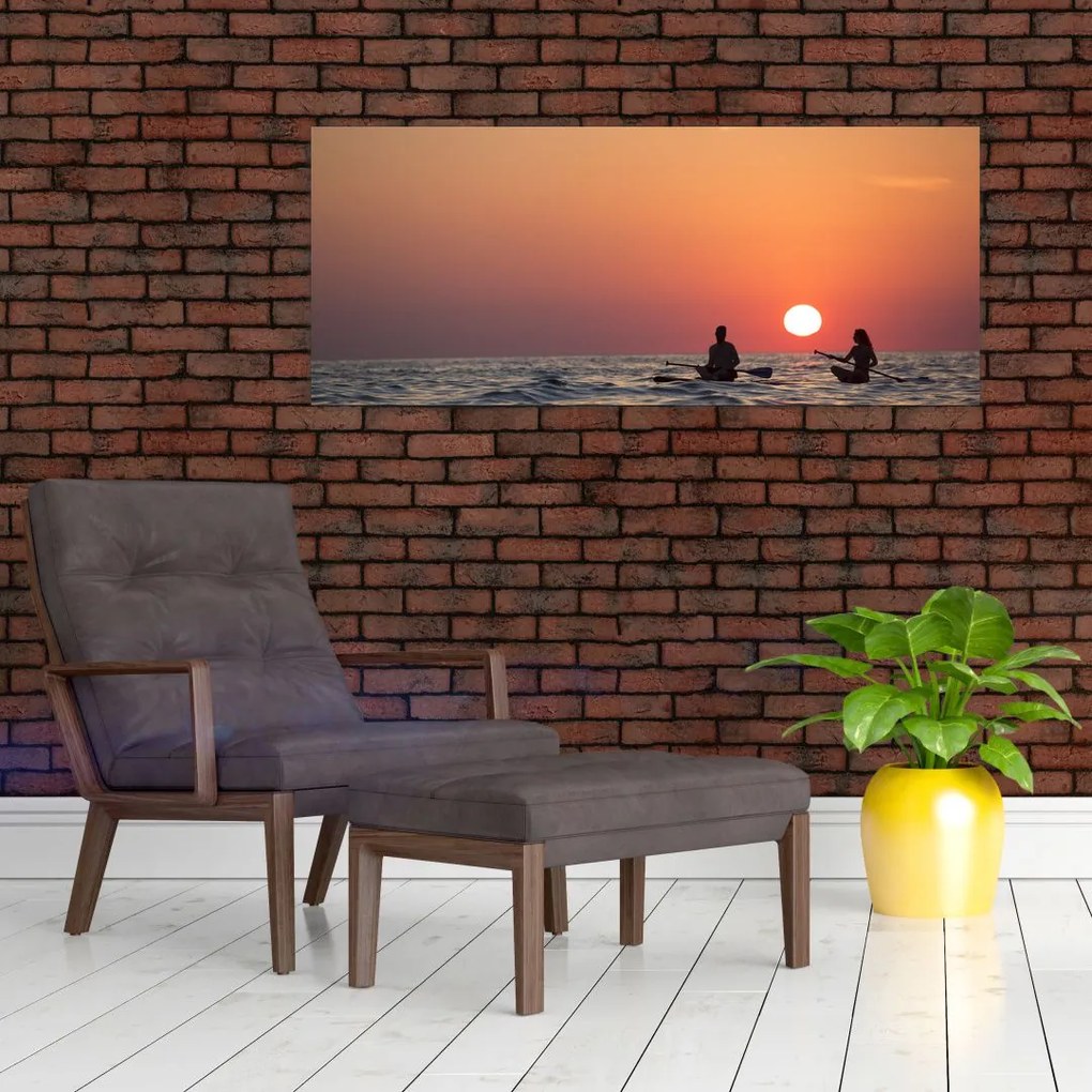 Tablou cu canoiști în apus de soare (120x50 cm)