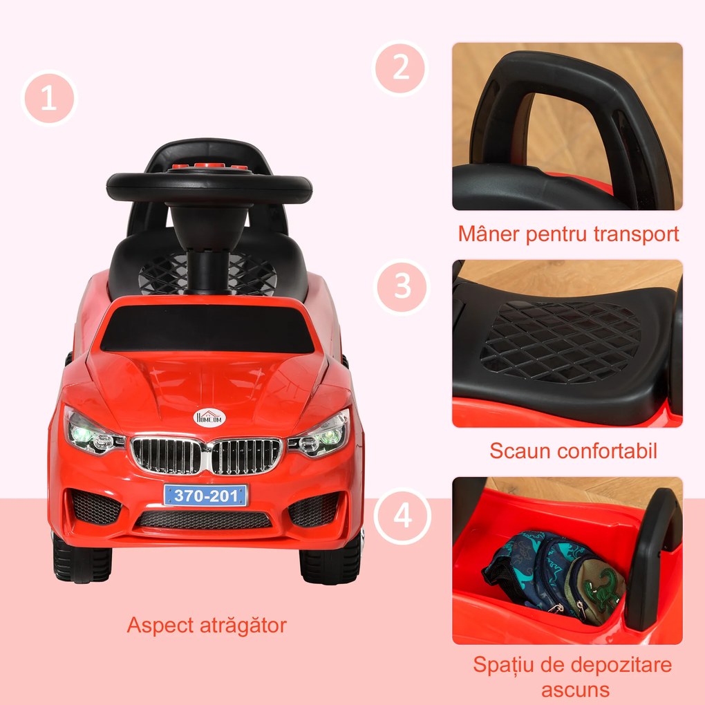 HOMCOM Mașinuță pentru Copii cu Volan, Mașină cu Faruri și Melodii Integrate, Vârstă 18-36 Luni, 63,5x28x36 cm, Roșu | Aosom Romania