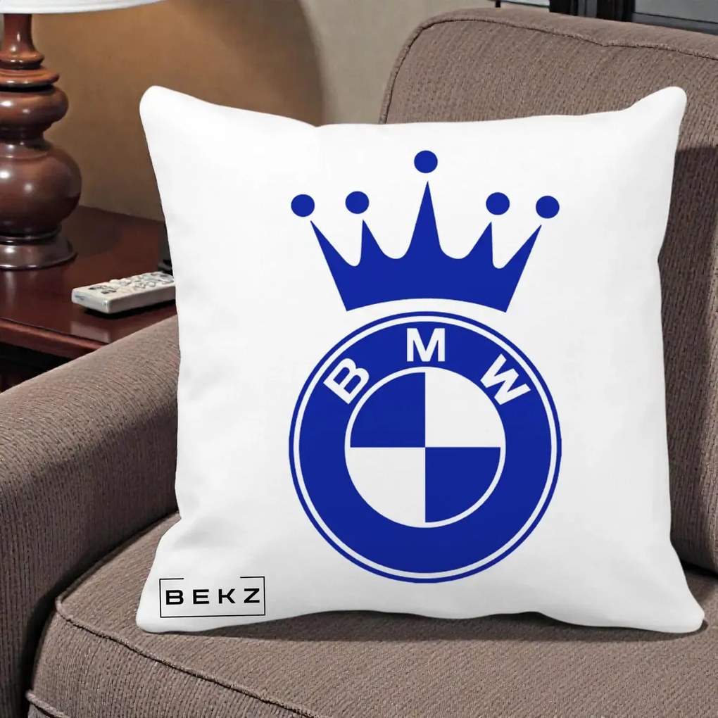 Perna Personalizata cu emblema BMW si Coroana, 40x40 cm, Alba Mata, Husa Detasabila, Perna Inclusa, BEKZ®