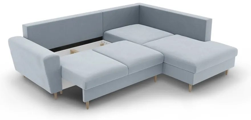 Colțar albastru deschis extensibil, cu spațiu de depozitare cu tapițerie din catifea (cu colț pe partea dreaptă-în formă de ”L”) Kyoto – Cosmopolitan Design