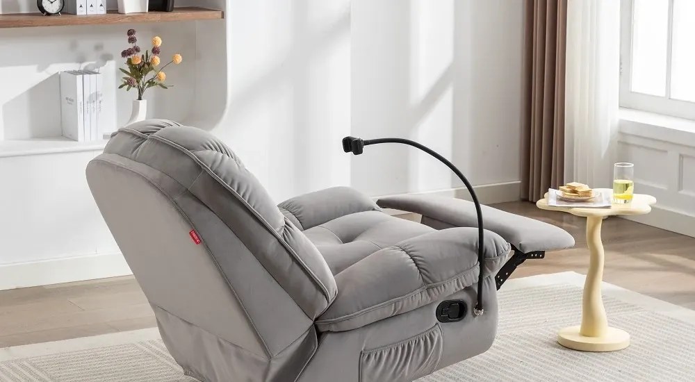 Fotoliu Recliner, suport picioare extensibil, suport telefon, Textil, Gri