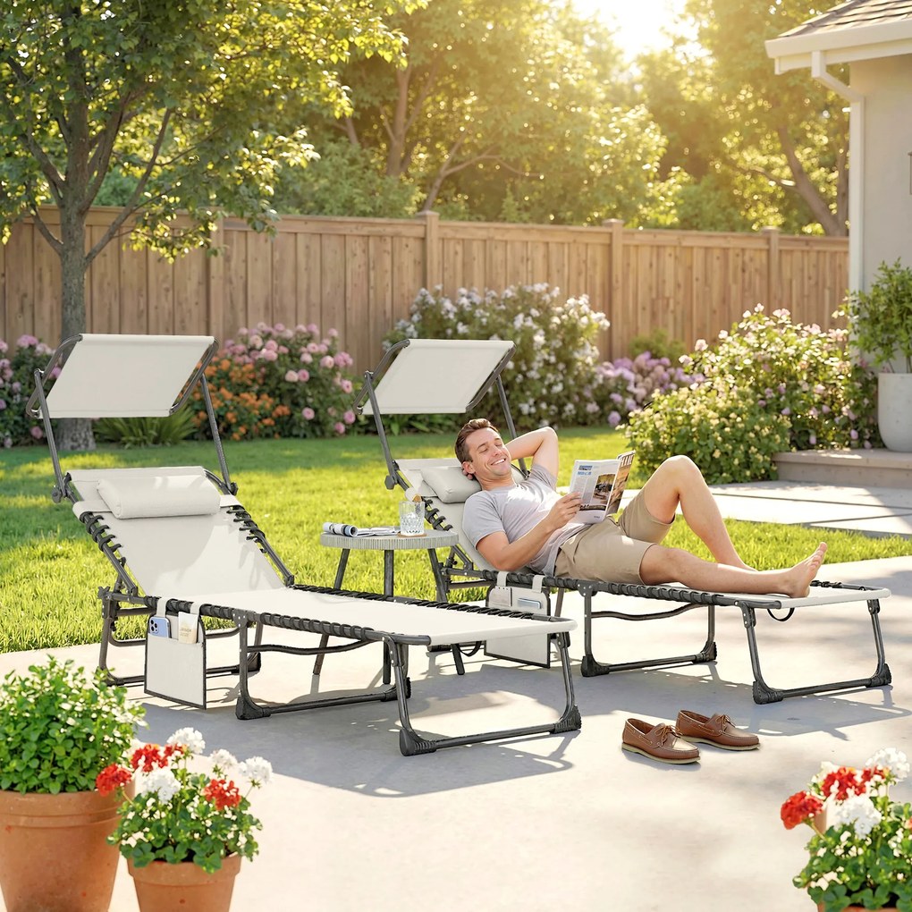 Outsunny Set de 2 Șezlonguri Pliabile cu Pernă pentru Cap Copertină Buzunar Lateral și Spătar Reglabil în 5 Poziții Crem | Aosom Romania