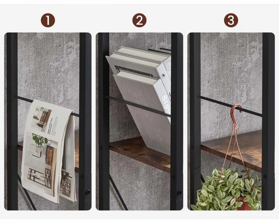 Biblioteca Living, Maro Rustic / Negru, PAL / Metal, 5 Rafturi
