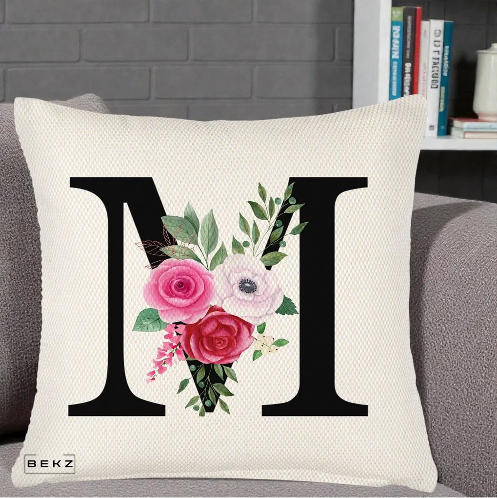 Cadou Personalizat - Perna Personalizata Monograma Florala Litera M cu Trandafiri si Anemona, 40x40 cm, Crem Reliefat, Husa Detasabila, Perna Inclusa, BEKZ®