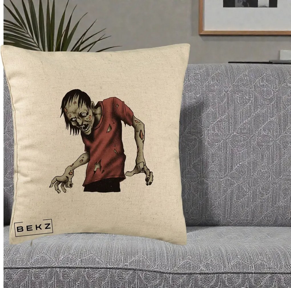 Perna Decorativa Halloween Zombie Infricosator, 40x40 cm, Bej, Husa Detasabila, Perna Inclusa, BEKZ®