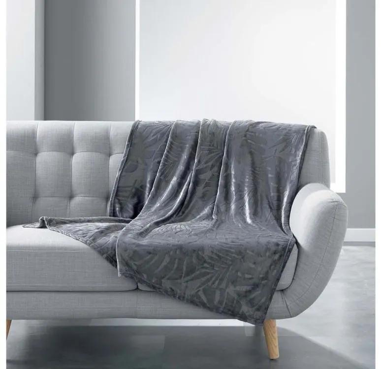 Pătură de catifea călduroasă, gri închis, cu imprimeu de frunze 125 x 150 cm 125x150