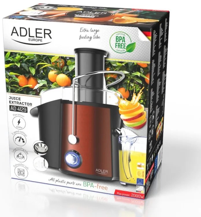 Storcator de fucte si legume Adler AD 4129, 1000/2000W, 2 viteze, 1L, Sistem anti-picurare, Negru/Bronz