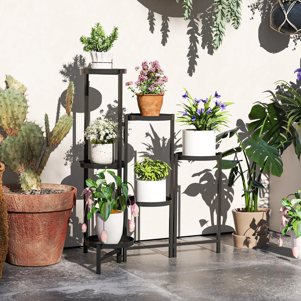 Outsunny Suport pentru plante 6 nivele etajeră plante ajustabil și pliabil din metal design fără șuruburi negru 60 x 40 x 80 cm | Aosom Romania