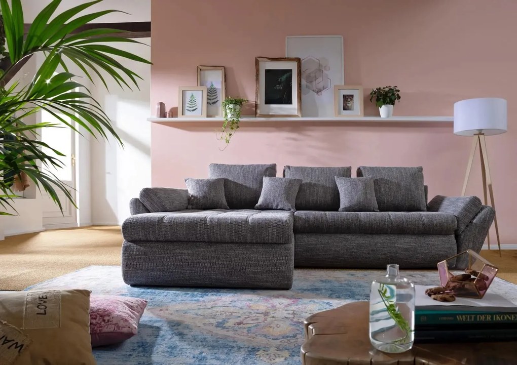 Colțar extensibil dumonde cu ladă de depozitare si sezut confortabil din spuma high-density, Loana Magma Grey 270x185 cm