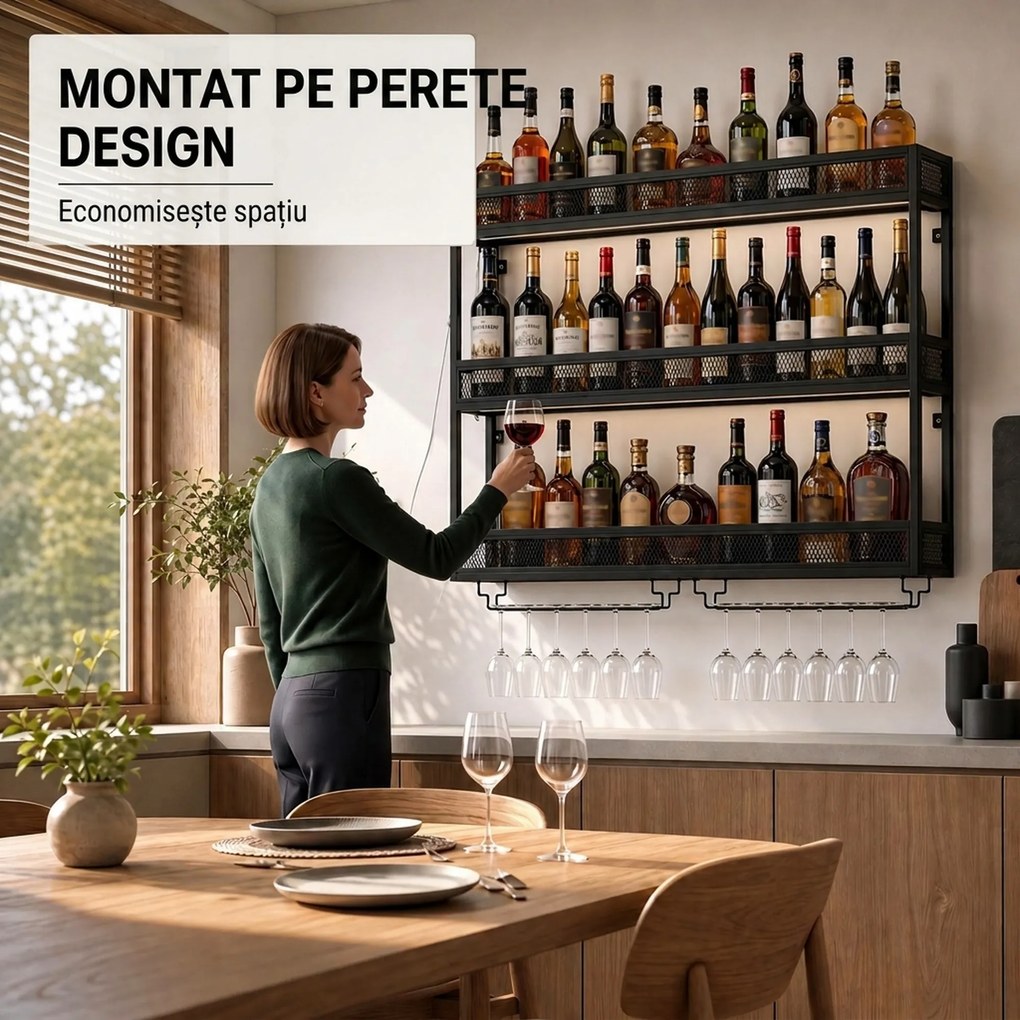 HOMCOM Suport de perete pentru vin cu LED, stil industrial, metal negru | Aosom Romania