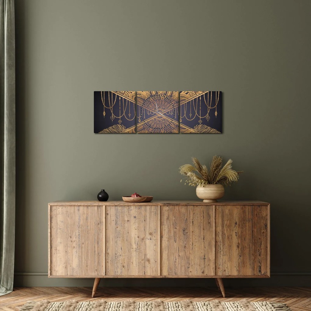 Tablou - Mandala aurie cu săgeți (cu ceas) (90x30 cm)