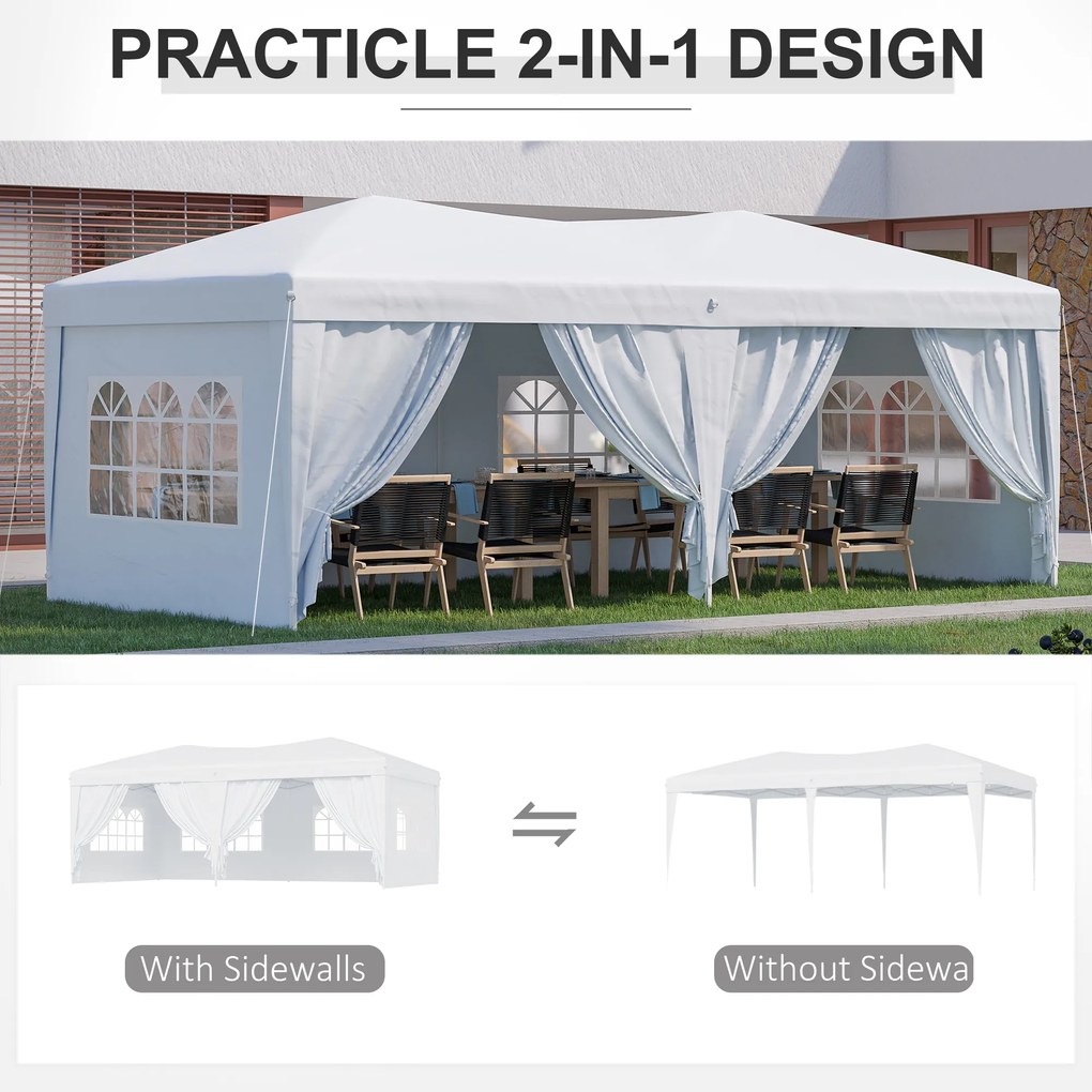 Outsunny Pavilion Pliabil pentru Grădină cu 6 Panouri Laterale, Alb, 3x6m | Aosom.ro