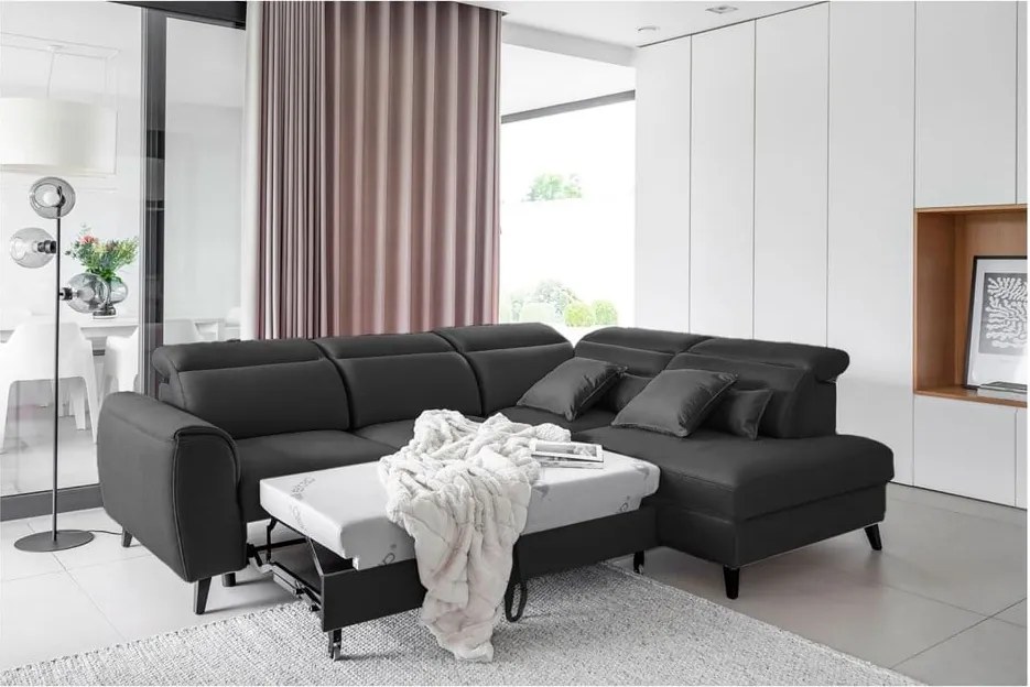 Colțar gri închis extensibil/cu spațiu de depozitare cu tapițerie din catifea (cu colț pe partea dreaptă/în formă de ”L”) Noble – ELTAP