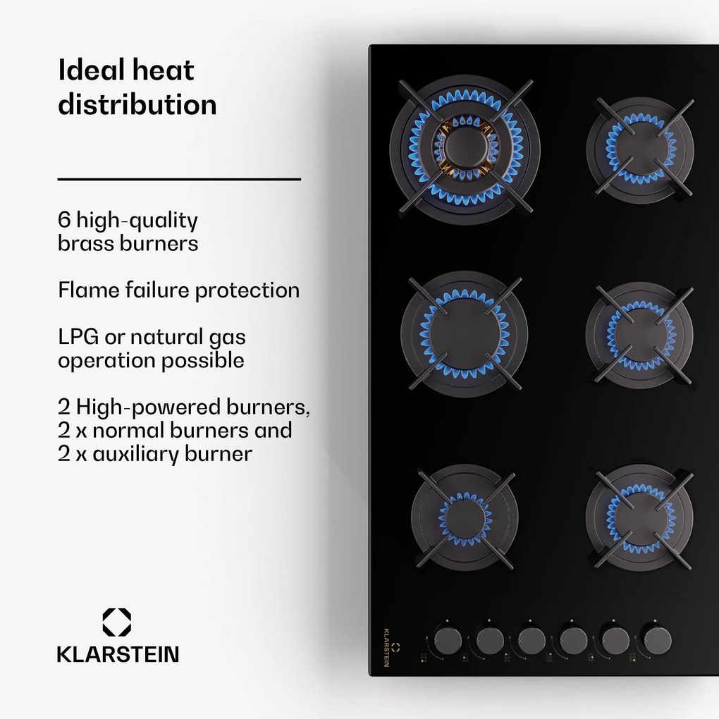 Goldflame 6, plită pe gaz, autonomă, 6 arzătoare, control lateral, gaz/propan, sticlă ceramică, negru