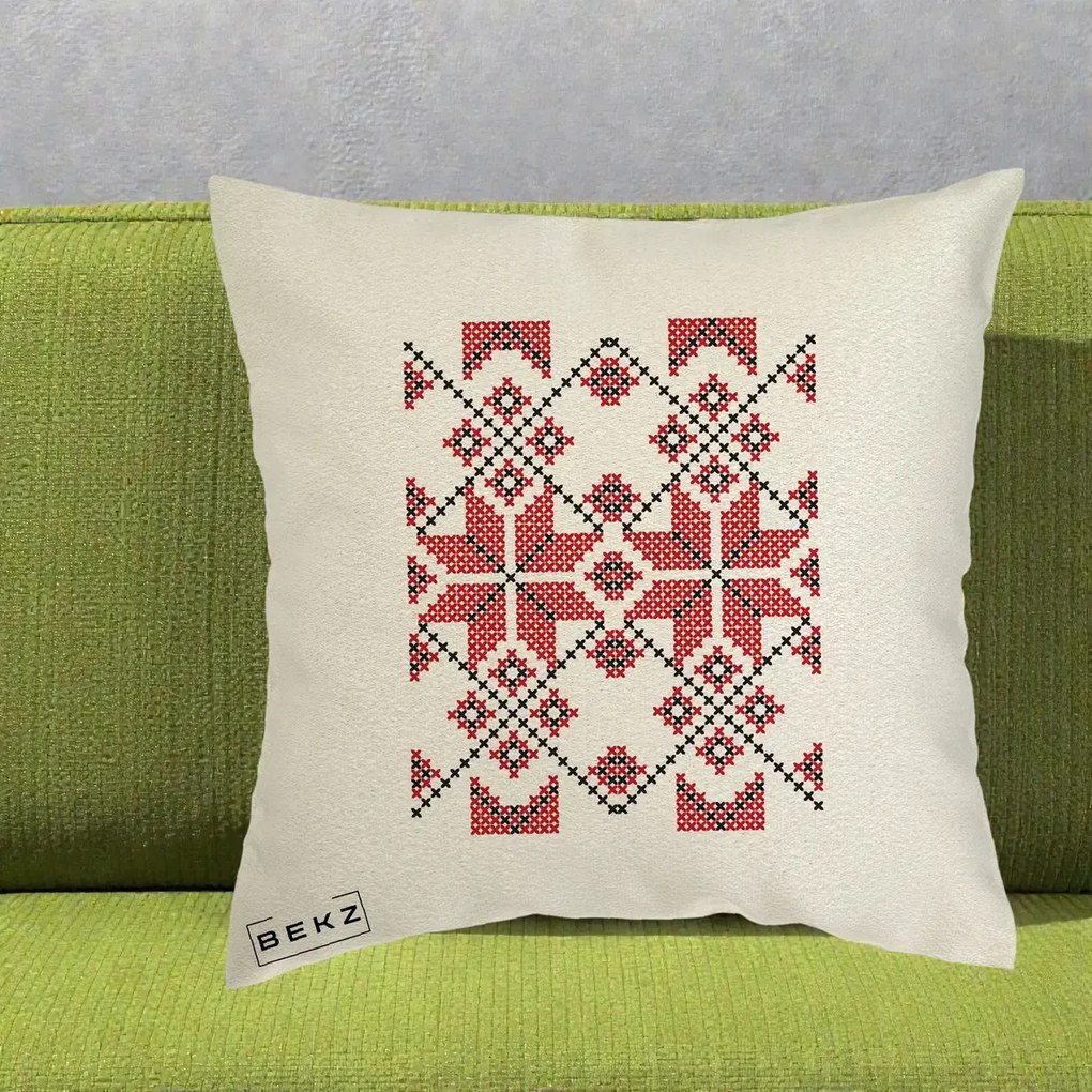 Perna Personalizata Motiv Traditional Cusatura Rosu-Negru, 40x40 cm, Ecru, Husa Detasabila, Perna Inclusa, BEKZ®