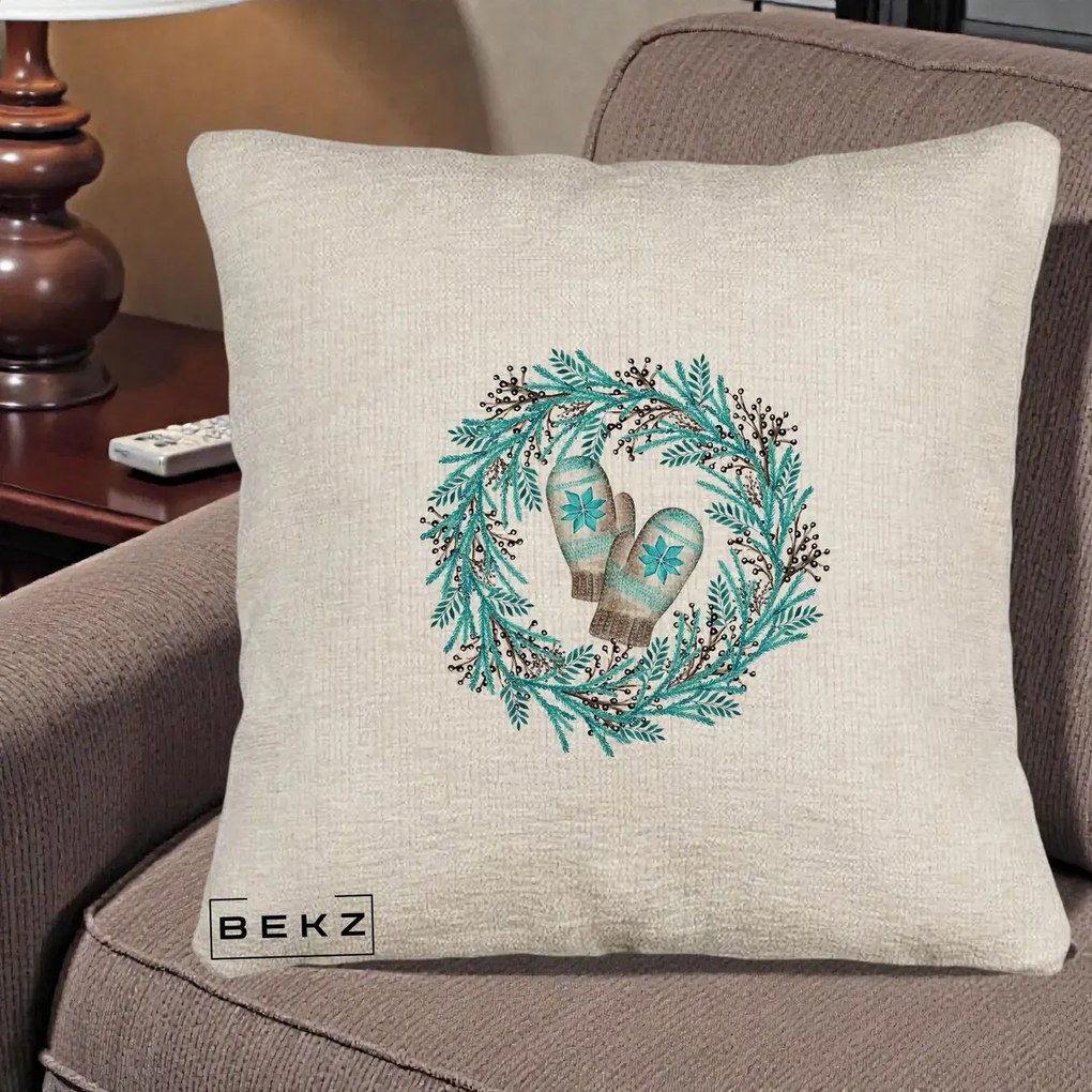 Perna Decorativa Coroana Turcoaz cu Manusi, 40x40 cm, Bej Canapea, Husa Detasabila, Perna Inclusa, BEKZ®