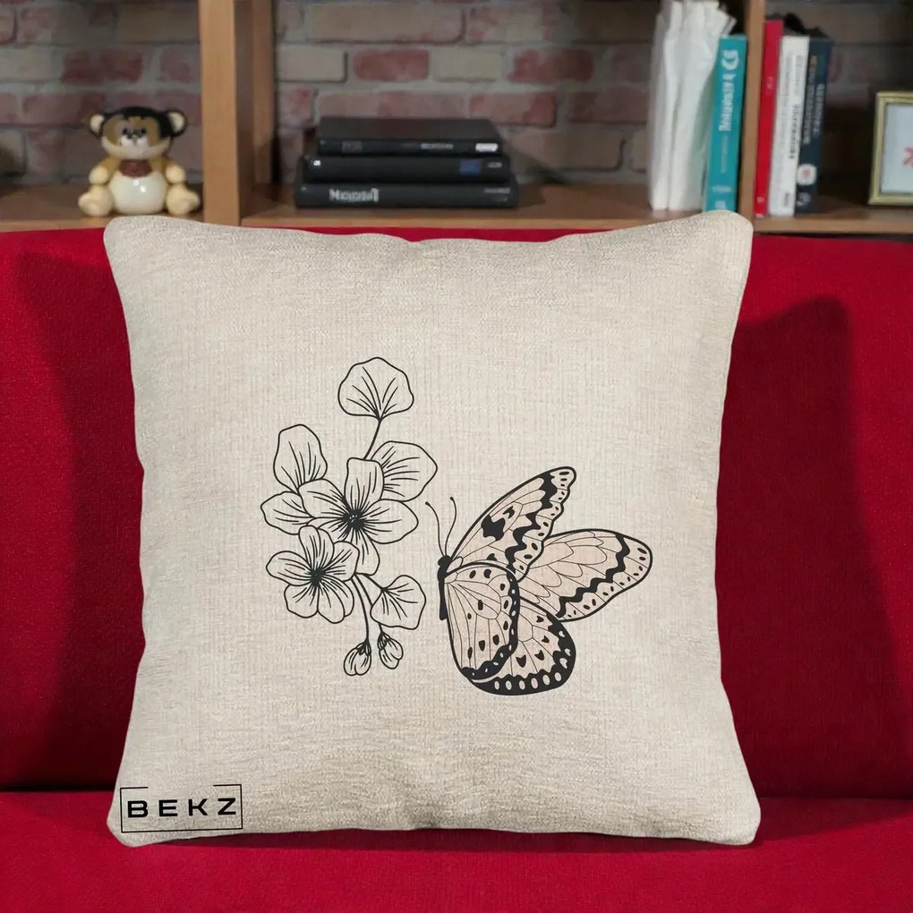 Perna Decorativa Fluture si Flori Linie Monocroma, 40x40 cm, Bej Canapea, Husa Detasabila, Perna Inclusa, BEKZ®