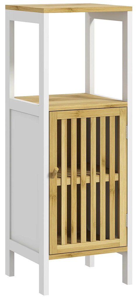 HOMCOM Coloană de baie Dulap auxiliar de baie cu 1 raft deschis 1 ușă și 1 raft reglabil 32x30x90,5 cm Natural | Aosom Romania