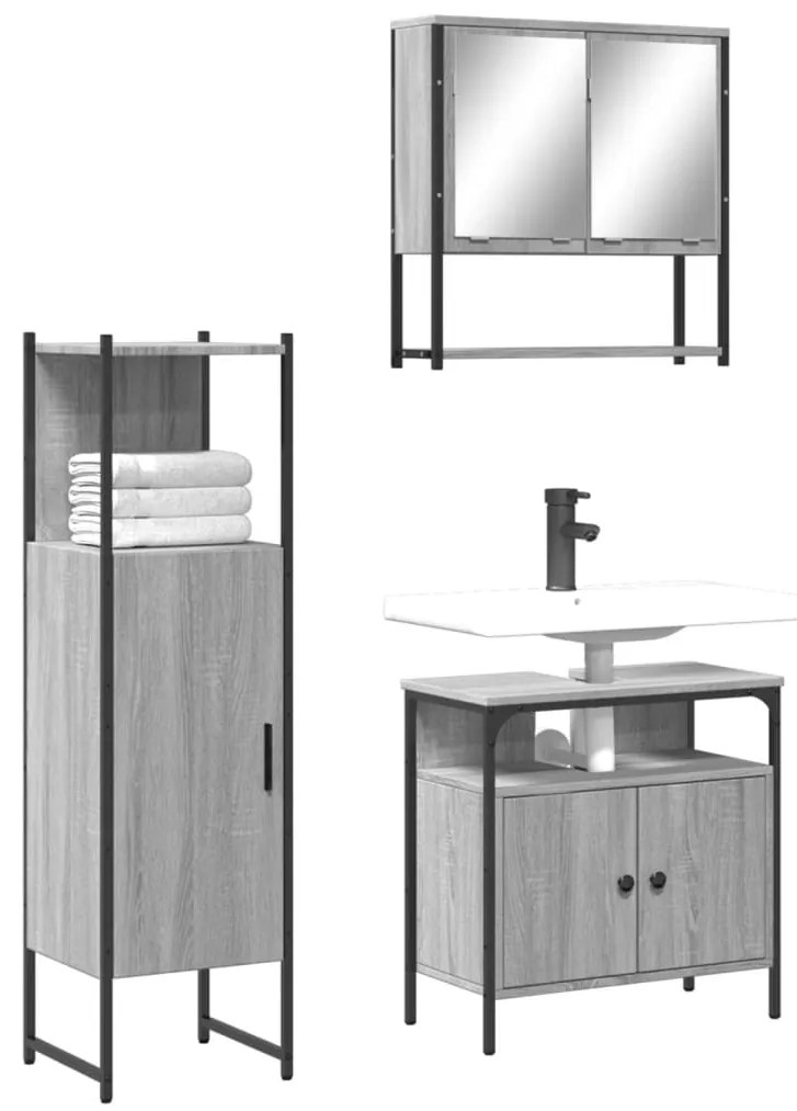 vidaXL Set mobilier de baie, 3 piese, gri sonoma, lemn prelucrat