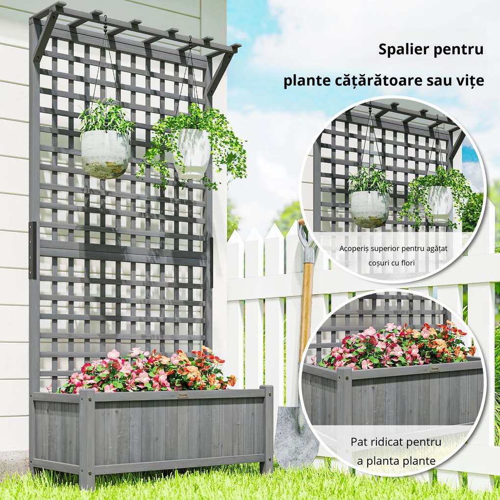 Outsunny Jardinieră înălțată cu spalier și acoperiș, cutie de plantare, pat de flori, rezistent la intemperii, lemn, 90 x 45 x 183 cm, gri închis | Aosom Romania