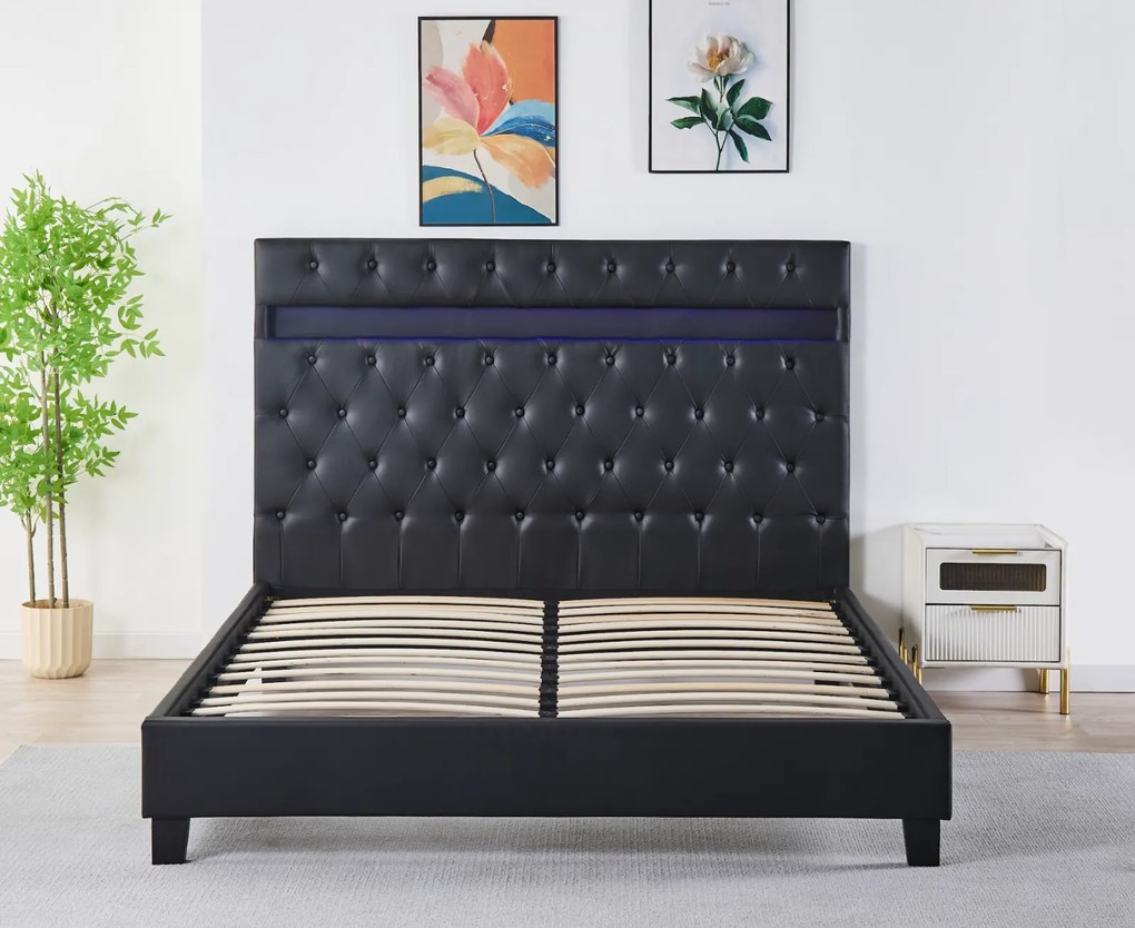 Pat Tapitat Catifea cu Iluminare LED, Somiera si Saltea Inclusa ,   Negru 160x200 cm   Cod FB-18