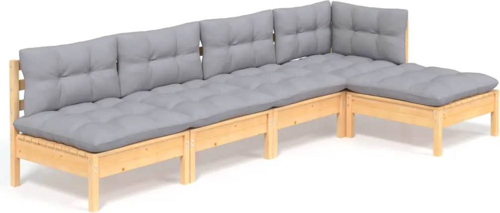 vidaXL Set mobilier grădină cu perne gri, 5 piese, lemn masiv de pin