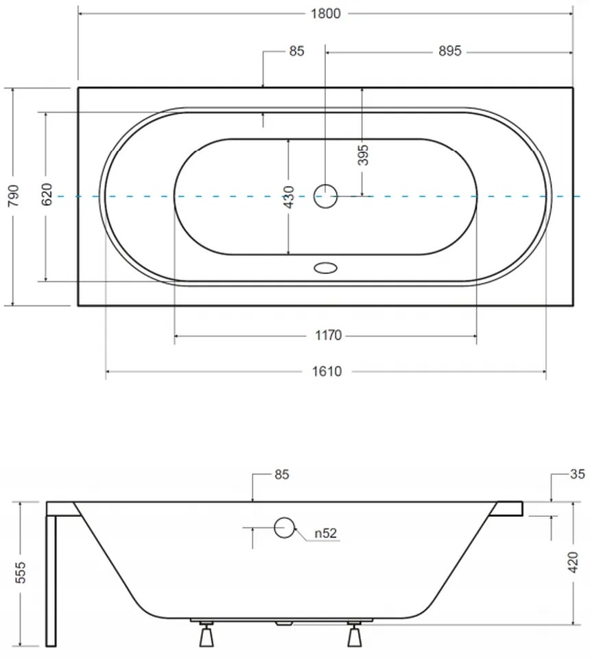 Cada baie dreptunghiulara, acril, 180 x 80 cm, Besco Vitae 1800x800 mm