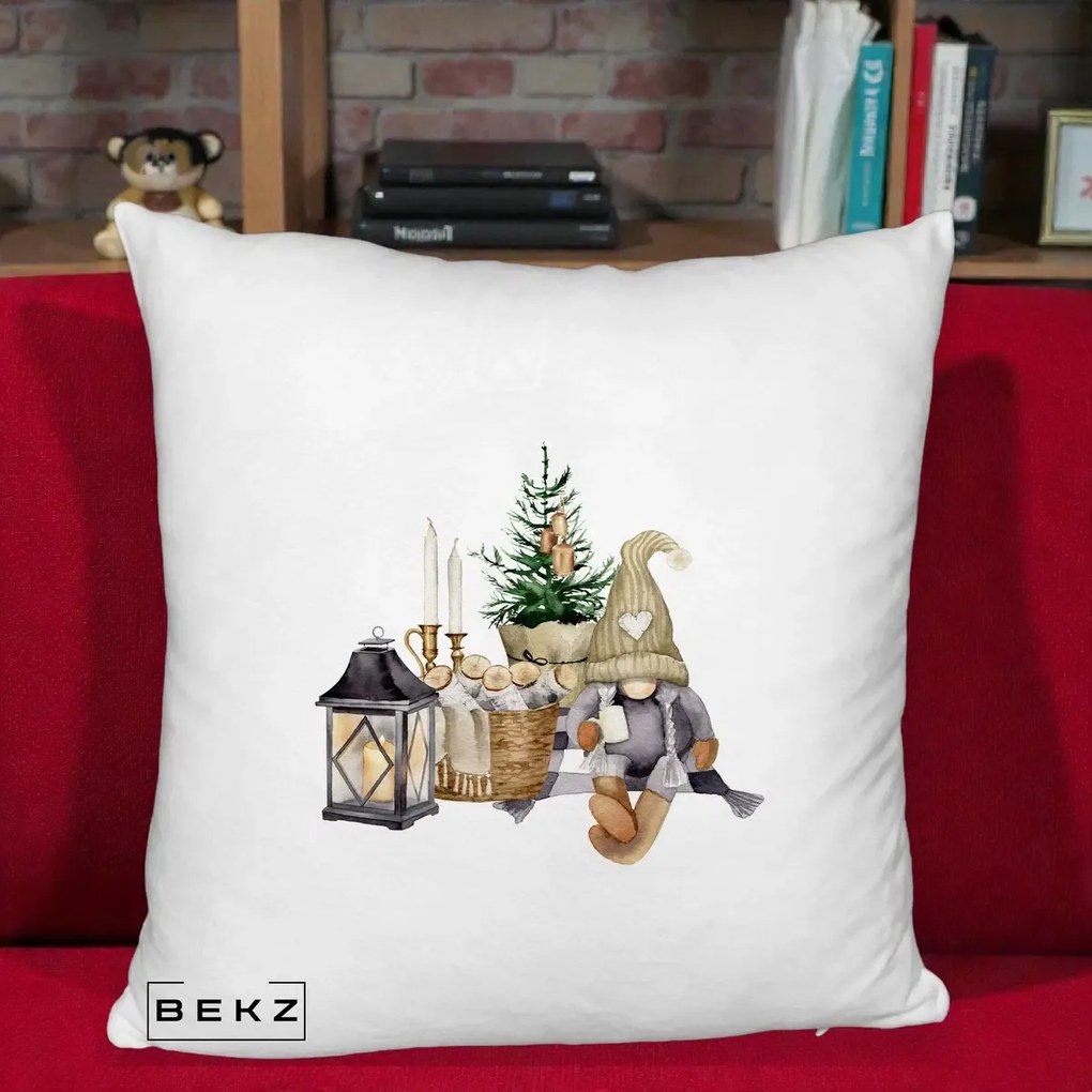 Perna Decorativa Gnom Scandinav cu Felinar, 40x40 cm, Alb Pufos, Husa Detasabila, Perna Inclusa, BEKZ®