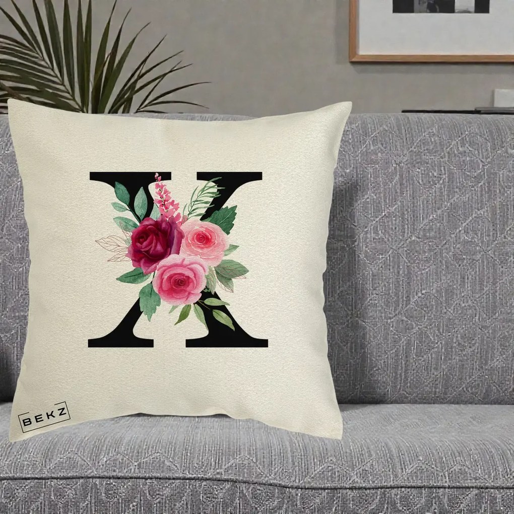 Cadou Personalizat - Perna Personalizata Monograma Florala Litera X cu Buchet, 40x40 cm, Ecru, Husa Detasabila, Perna Inclusa, BEKZ®