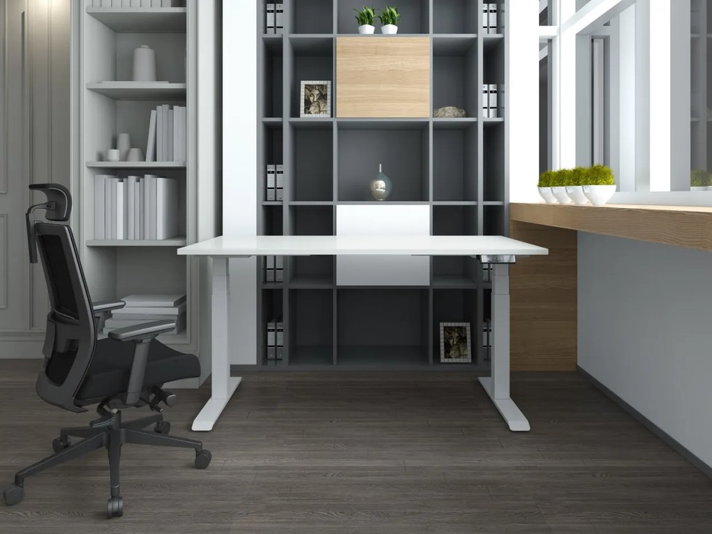 Birou reglabil pe inaltime TerrA7 WHITE - 2 motoare, profil dreptunghiular, culoare cadru Alb (Dimensiune blat: 120x60cm, Culoare blat: Alb 25mm)