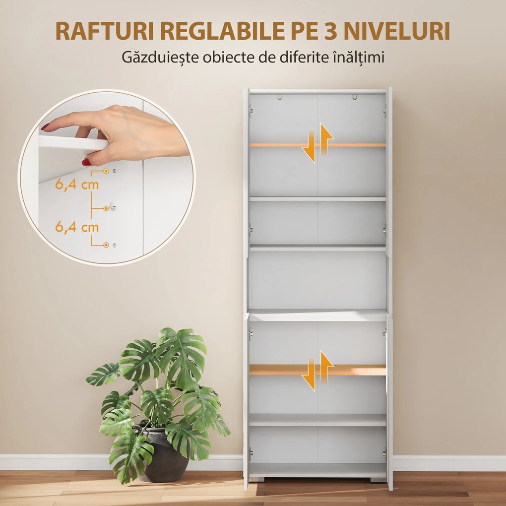 HOMCOM Dulap Bucătărie Înalt 180cm, Mobilier Depozitare cu Uși Soft-Close, Raft Deschis, 2 Dulapuri, Rafturi Ajustabile, Stil Modern pentru Sufragerie sau Bucătărie, Alb Lucios | Aosom Romania