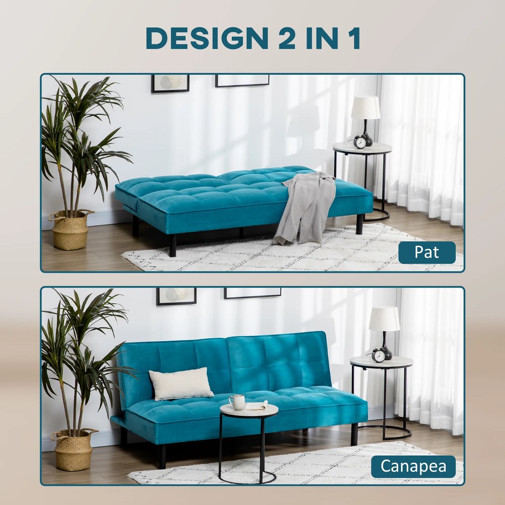 HOMCOM Canapea extensibila cu scaun captusit, canapea cu 3 locuri , canapea cu efect de catifea, verde, Lemn, otel | Aosom Romania