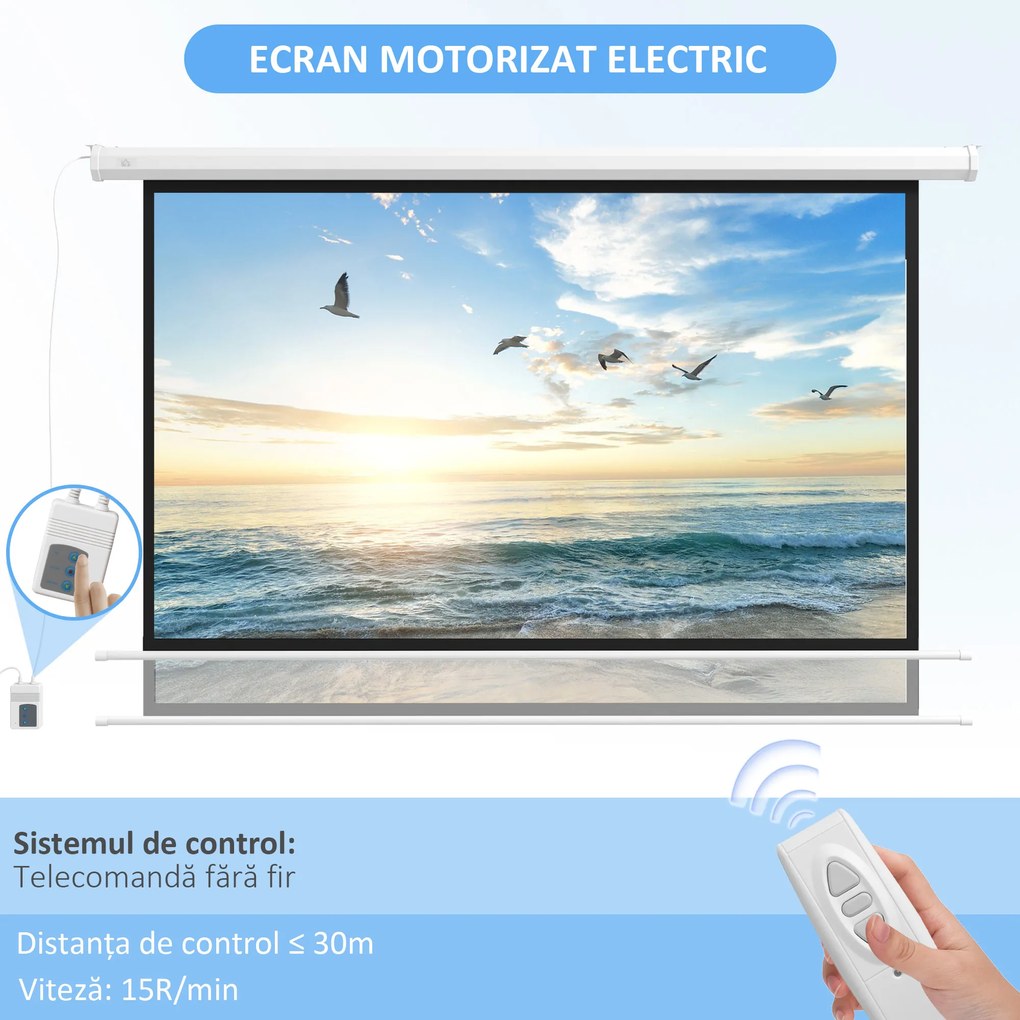 HOMCOM Ecran Proiector 120", Motorizat cu Telecomandă, Montaj pe Perete sau Tavan, Ideal pentru Acasă și Birou, 293,5x8x176 cm, Alb | Aosom Romania
