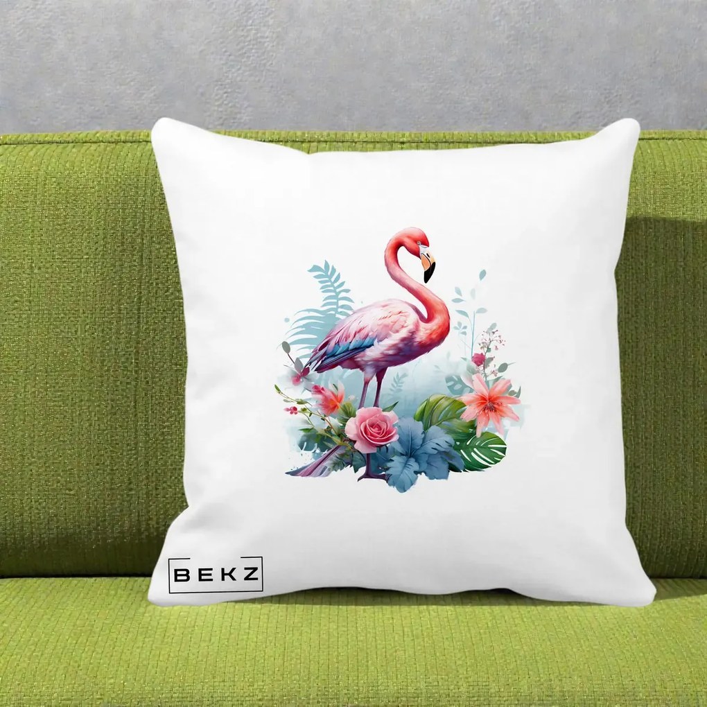 Perna Decorativa Flamingo cu Flori Tropicale Acuarela, 40x40 cm, Alba Mata, Husa Detasabila, Perna Inclusa, BEKZ®