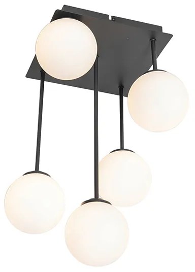 Plafoniera moderna neagra cu sticla opala cu 5 lumini - Atena