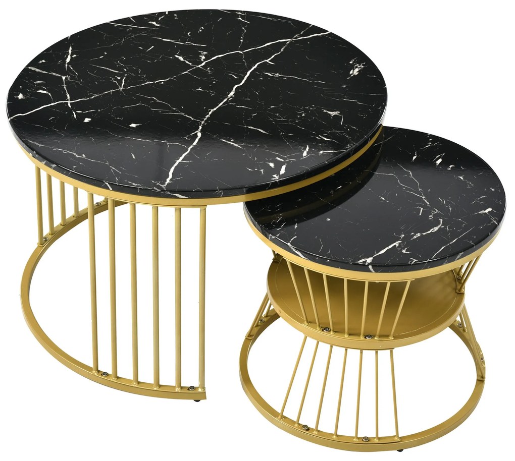 Set de 2 Măsuțe de Cafea Moderne, cu Blat cu Efect de Marmură și Cadru Metalic Auriu, Dimensiuni 70x70x47 cm și 45x45x40 cm, Negru