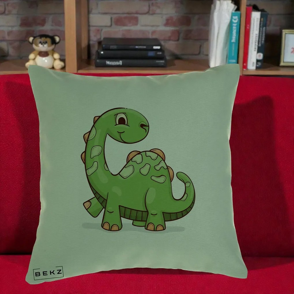 Perna Decorativa Brontosaur Verde Simpatic, 40x40 cm, Verde, Husa Detasabila, Perna Inclusa, BEKZ®